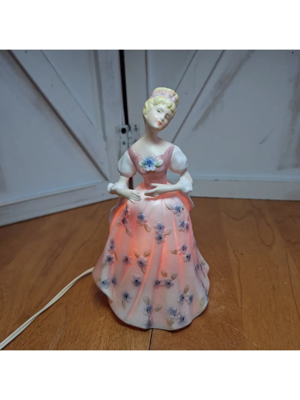 VTG Porcelain Lamp/Night Light Ardalt Japan Victorian Lady Dress w/Blue Florals